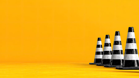 A group of black and white traffic cones stands on a vibrant yellow background, emphasizing safety and caution in urban environments. Ideal for construction themes.の素材