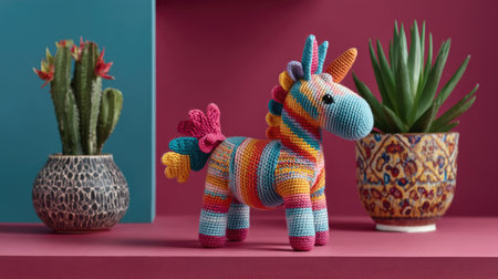 This colorful crocheted unicorn toy features a striking design and adds a whimsical touch to any decor. Ideal for children's play or as a charming gift.の素材