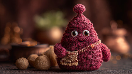 Adorable handmade knit toy with a joyful expression and googly eyes, perfect for decor, gifts, or playtime. This charming character adds whimsy to any space.の素材