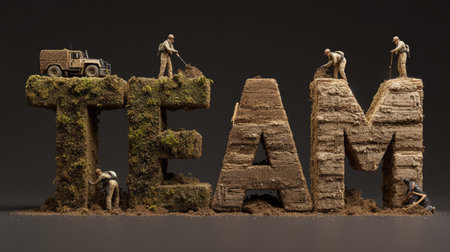 A creative depiction of teamwork, showcasing miniature figures working on the letters formed from soil and grass, symbolizing collaboration and effort.の素材