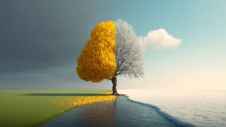 This striking image showcases a tree transitioning between seasons, capturing the vibrant autumn leaves on one side and the stark winter branches on the other, reflecting nature's beauty and changes.の素材