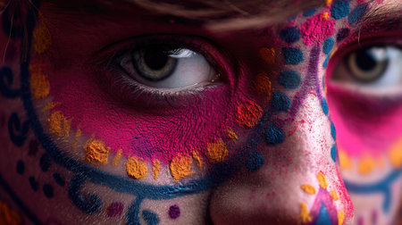 This stunning close-up captures the vibrant artistry of face painting, showcasing intricate designs and bright colors that express cultural celebration and creativity.の素材