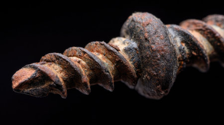 This close-up image features a rusty screw showcasing its distinct threads and surface detail, perfect for illustrating themes of decay and industrial design.の素材