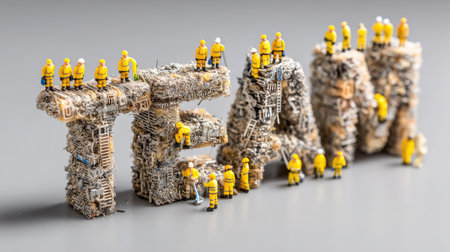A captivating miniature scene illustrating the concept of teamwork with vibrant worker figures creatively arranged to spell the word "team."の素材