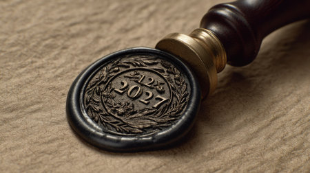 An elegant wax seal featuring the year 2027 prominently embossed. This intricate design showcases craftsmanship and adds a touch of vintage charm to any document or invitation.の素材