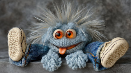 This charming blue knitted monster features wild hair and a playful expression, making it a perfect toy for children and a delightful decor piece.の素材