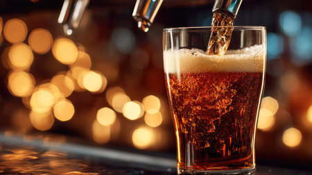 A close-up view of a refreshing cold beverage being poured into a glass, showcasing rich caramel colors and frothy foam against a blurred background of warm lights.の素材