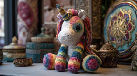 Adorable crocheted unicorn toy with a vibrant rainbow mane, perfect for decor or as a gift for children. This whimsical design captures joy and creativity.の素材