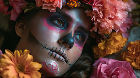 A stunning close-up portrait of a woman adorned with artistic skull makeup, surrounded by bright flowers, creating a vibrant and serene atmosphere.の素材