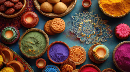 Vibrant arrangement of traditional Indian sweets and colorful powders for a festive celebration. Perfect for showcasing cultural heritage and celebration.の素材