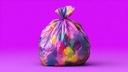 A colorful garbage bag filled with vibrant bits rests against a striking purple background. This image captures the essence of playful disposal and artistic representation of waste.の素材