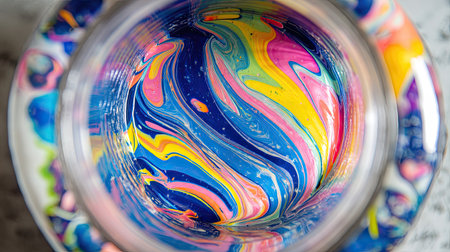 A mesmerizing view of vibrant swirl patterns in a round art bowl, showcasing an explosion of colors that create a dynamic artistic expression. Perfect for decor.の素材