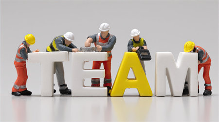 Miniature construction workers assemble the word 'TEAM' using colorful letters. This image symbolizes teamwork, collaboration, and effort in various industries, ideal for motivational themes.の素材
