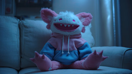 A colorful plush creature with a big smile sits comfortably on a sofa, wearing a cozy hoodie. The soft lighting enhances the playful and whimsical atmosphere.の素材