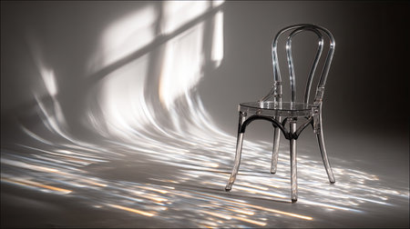A striking transparent chair positioned against a gray backdrop, showcasing elegant reflections and soft shadows, perfect for modern interior design concepts.の素材