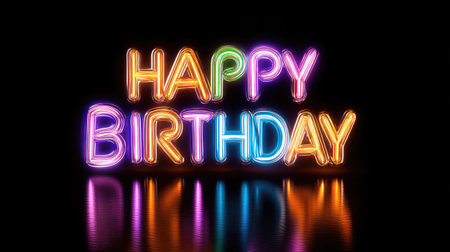 Bright neon lights spell out "Happy Birthday" with reflections against a dark background, creating a festive and joyful atmosphere for celebrations.の素材
