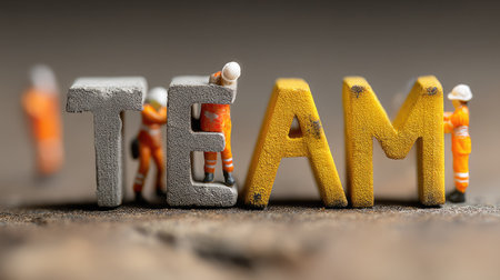 A captivating depiction of miniature figures collaborating to form the word "TEAM" with vibrant colors. This image symbolizes unity and cooperation in a creative and engaging way.の素材