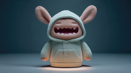 Adorable plush toy featuring a cozy hoodie and a joyful expression. Perfect for cozying up, whimsical decor, or as a gift for plush lovers.の素材