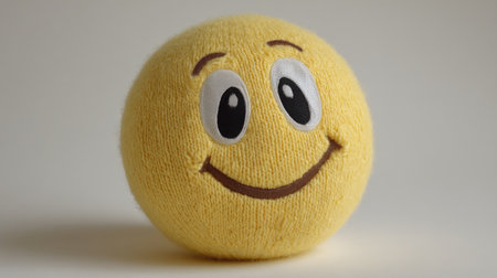 This charming yellow plush ball features a big smile and playful eyes, perfect for adding joy to any room or as a gift for children.の素材