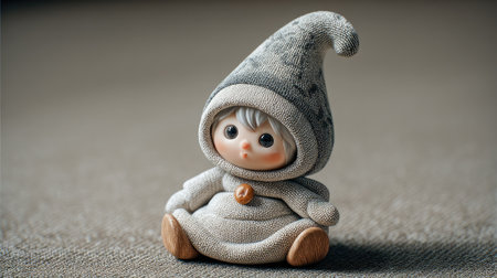 This charming fabric doll features a whimsical hat and a cute expression, perfect for adding a touch of joy to any space. Ideal for decoration and gifting.の素材