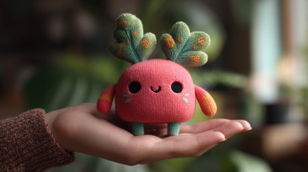 Adorable plush toy with vibrant colors, held in a warm hand, set against a cozy indoor backdrop, perfect for adding a touch of whimsy to any space.の素材