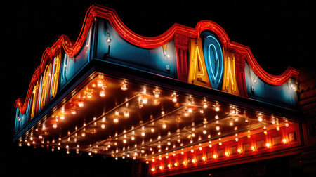 A stunning vintage theater marquee adorned with bright lights, showcasing an inviting atmosphere at night. The vibrant neon colors create a nostalgic ambiance ideal for entertainment lovers.の素材