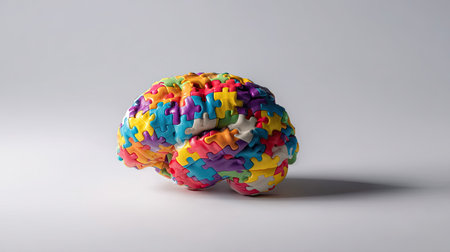 A vibrant brain made of colorful puzzle pieces represents creativity and intelligence. This imaginative visual highlights concepts of learning and problem-solving.の素材