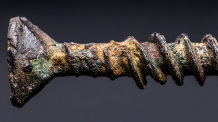 This macro photograph showcases a rusty screw, highlighting its intricate surface textures and aged appearance, perfect for industrial or vintage themes.の素材
