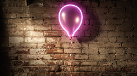 This image features a neon pink balloon glowing against a rustic brick wall, creating a vibrant and cheerful atmosphere perfect for celebrations and artistic designs.の素材