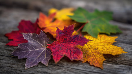 A stunning arrangement of colorful autumn leaves in vibrant shades on a rustic wooden surface. Perfect for seasonal decor, crafts, or nature-themed projects.の素材