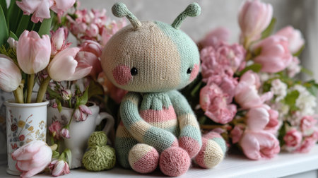 A charming knitted insect toy sits sweetly among vibrant spring flowers, showcasing warmth and creativity that brightens any space for children and adults alike.の素材