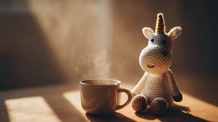 A charming crochet unicorn toy sits beside a steaming coffee cup, bathed in soft morning light, creating a cozy and whimsical atmosphere perfect for relaxation.の素材