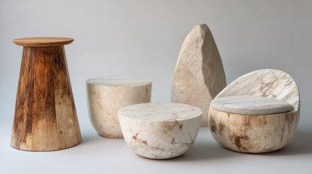 A stylish collection of modern minimalist furniture featuring unique stone and wood elements, perfect for enhancing contemporary interior spaces with natural elegance.の素材