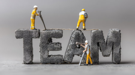Miniature workers are diligently constructing the word "TEAM" using tools, symbolizing the essence of collaboration and collective effort in achieving shared goals.の素材