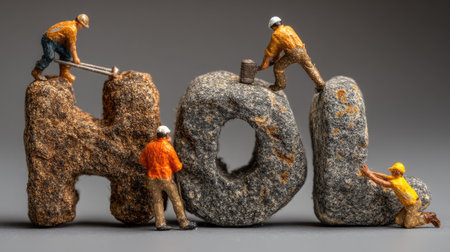 Miniature construction workers are engaged in building rock letters against a smooth gray backdrop, showcasing creativity and teamwork in a playful scene.の素材