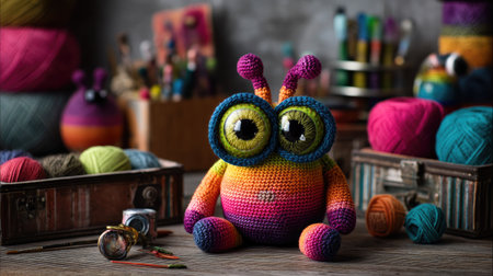 A charming crochet toy in vibrant colors sits among various yarns and crafting supplies, celebrating creativity and craftsmanship in a cozy studio atmosphere.の素材
