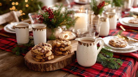 A cozy holiday table setting featuring delicious cookies and warm coffee. The rustic decor and festive ambiance create an inviting atmosphere for gatherings.の素材