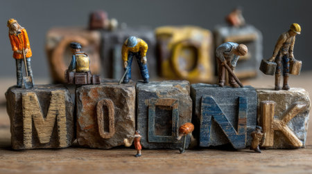 This image showcases miniature workers skillfully sculpting letters from vintage wooden blocks, highlighting intricate details and craftsmanship in a creative setting.の素材