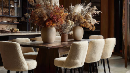 A beautifully designed dining room featuring a rustic table adorned with dried floral arrangements in elegant vases, complemented by plush chairs.の素材