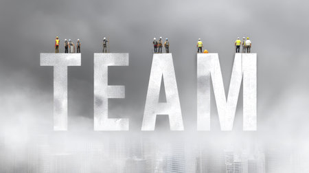 Dynamic representation of teamwork with construction workers standing on large letters spelling "TEAM." The urban skyline in the background symbolizes collaboration and effort in achieving common goals.の素材