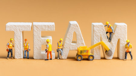 Miniature construction workers gather around large letters spelling "TEAM." This scene highlights cooperation and hard work in the construction industry.の素材