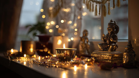 This image showcases a tranquil spiritual setup featuring candles, decorative statues, and a warm glow, creating a serene atmosphere for meditation and reflection.の素材