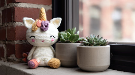 A charming crochet unicorn toy sits next to two succulent plants on a sunny window sill, creating a cozy and inviting atmosphere perfect for home decor.の素材