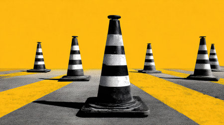 Traffic cones arranged in a creative layout against a bright yellow background, highlighting safety and urban elements. Ideal for construction-themed projects.の素材