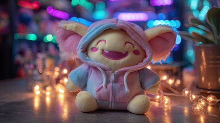 Adorable plush toy wearing a pastel hoodie smiles happily, enhancing any space with its colorful charm and cozy ambiance, perfect for gifts and decor.の素材