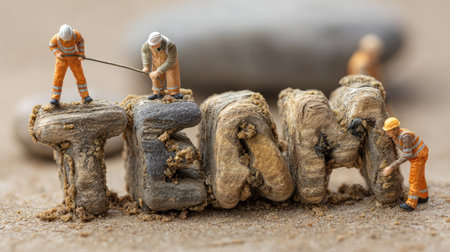 Miniature figures work together to shape the word "TEAM" using sand and stones, showcasing the essence of collaboration and effort in a creative setting.の素材