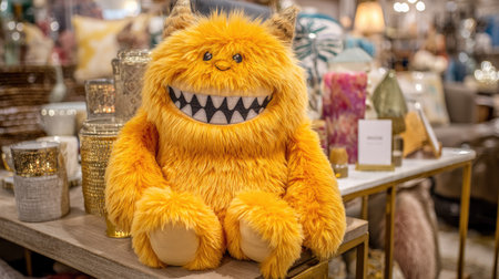 Brighten your space with this playful orange monster plush toy featuring a big smile. Perfect for kids or as a decorative piece, it adds joy and whimsy.の素材