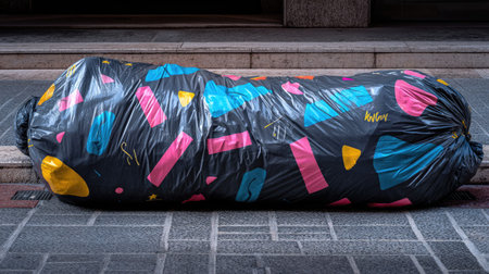 A vibrant decorative trash bag sits on a city sidewalk, showcasing colorful patterns. The scene captures urban life and emphasizes waste awareness in public spaces.の素材
