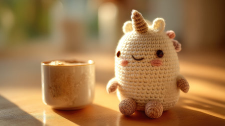 A delightful crochet unicorn toy sits beside a coffee cup, capturing a cozy morning moment. The playfulness and warmth create a charming scene.の素材