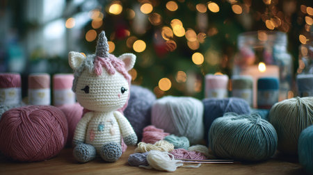A charming crochet unicorn toy sits amidst colorful yarn, craft supplies, and warm holiday lights, creating a delightful and cozy atmosphere perfect for creative pursuits.の素材